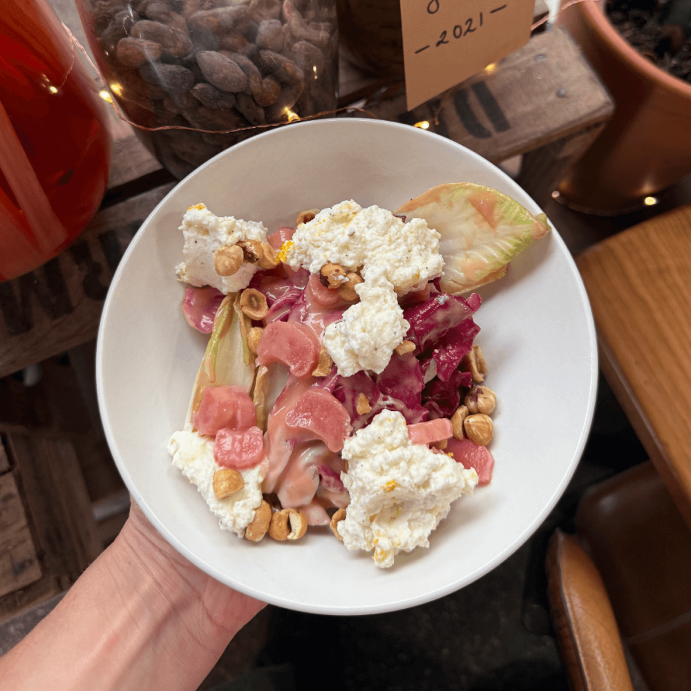 Pickled Rhubarb, Chicory, Toasted Hazelnut and Westcombe Ricotta salad Image 1