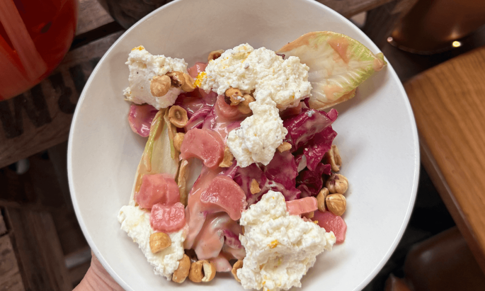 Pickled Rhubarb, Chicory, Toasted Hazelnut & Westcombe Ricotta salad